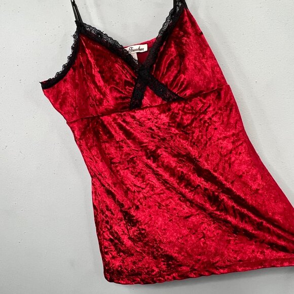 Y2K Velvet Velour Tank Top XL Red Black True Freedom Lace Trim Empire Babydoll - Picture 3 of 7
